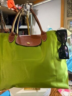 Longchamp Green Tote Bag with Brown Trim - Women's Shoulder Bag
